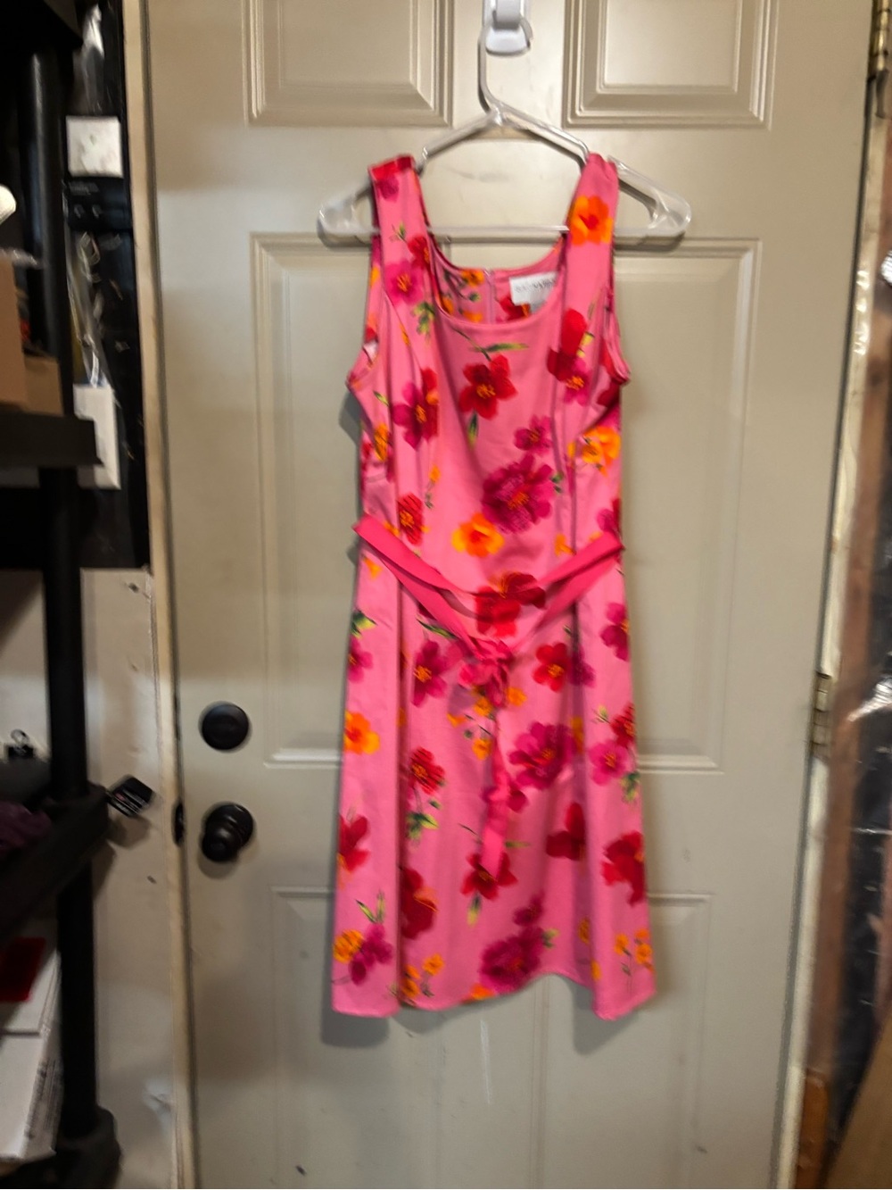 Vintage Sag Harbor Pink Floral Midi Dress with Tie Belt b209